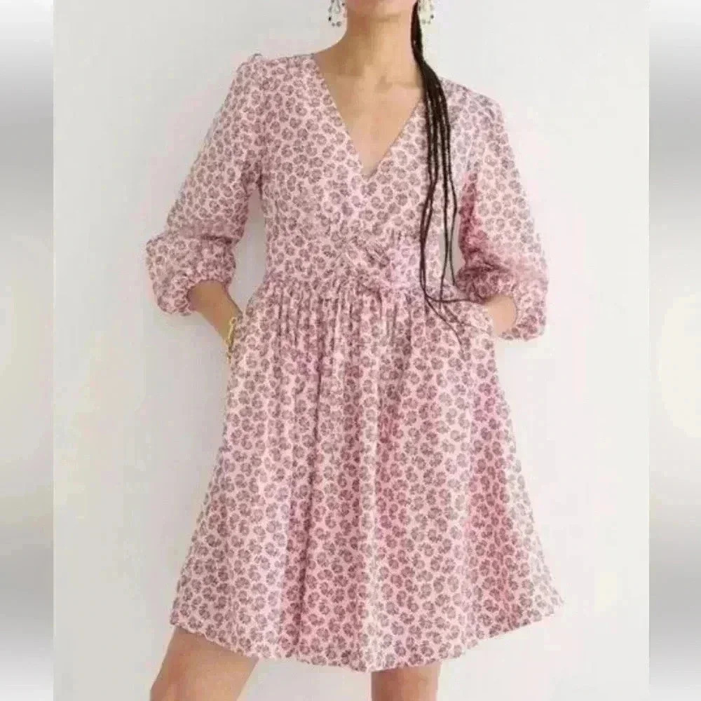 J.Crew V-Neck Poplin Mini Dress Pink Peony Floral Paisley Size 2